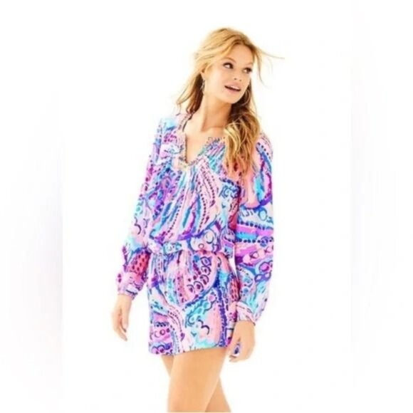 Lilly Pulitzer Colony Coral Shell Out Colby Pink Blue Print Romper XS - Picture 1 of 6